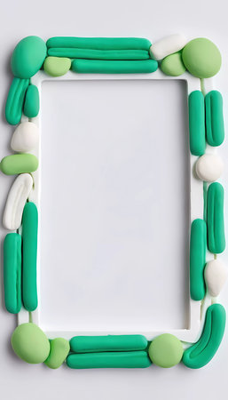 This abstract rectangular frame features a combination of green and white elements, providing a unique space for displaying creative content or artwork.の素材