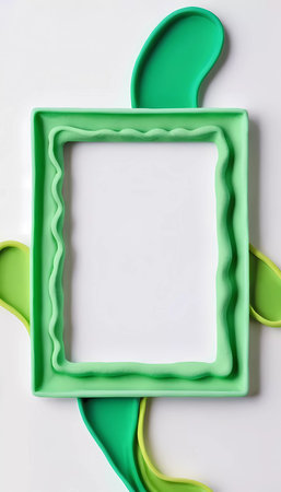 Abstract background features an empty rectangular frame surrounded by green elements. The design creates a clean, modern look suitable for artistic projects.の素材