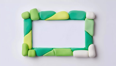 Rectangular frame crafted from white and green abstract shapes surrounds an empty center. This design invites creativity with its harmonious color scheme.の素材