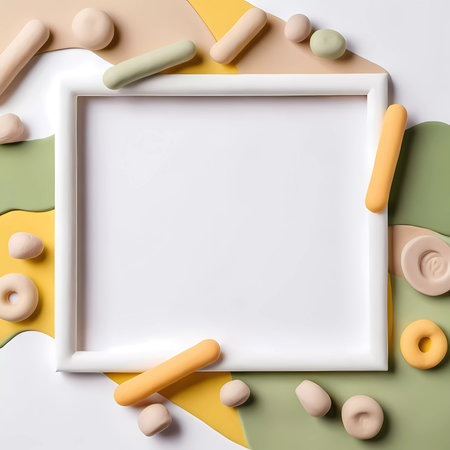 Empty rectangular frame is surrounded by varied abstract shapes and colors, creating a stylish and modern setup perfect for graphic design or branding purposes.の素材