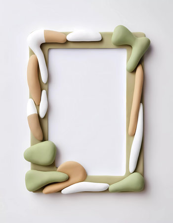 This abstract rectangular frame features a white khaki background surrounded by colorful textured elements. It is empty and ready for creative displays in various settings.の素材