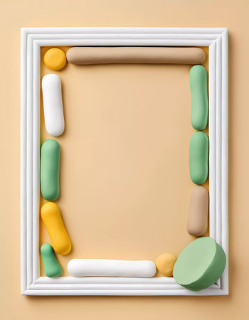 An abstract khaki background features a rectangular frame filled with colorful, soft shapes creating an inviting space perfect for art or design projects.の素材