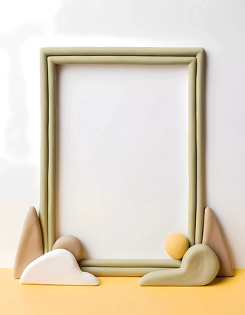 A rectangular frame designed with white and khaki abstract shapes rests against a neutral background, providing empty space for creativity and artistry in decor.の素材