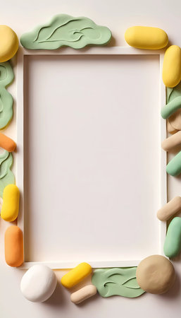 Colorful abstract shapes create a rectangular frame against a white khaki background, providing an empty space perfect for adding text or images for artistic projects.の素材