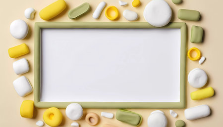 Colorful abstract shapes in shades of white, green, and yellow surround an empty rectangular frame. This creative arrangement invites imagination and customization for various uses.の素材