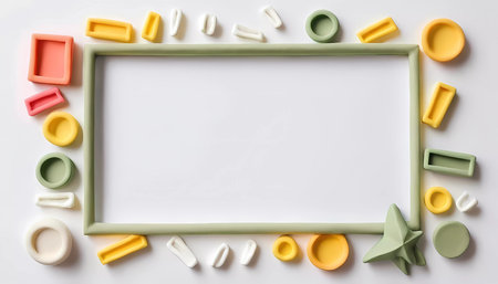 An empty rectangular frame lies at the center, surrounded by various colorful abstract shapes. This design offers a versatile space for creative projects or presentations.の素材