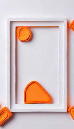 An empty rectangular frame in white is surrounded by orange geometric shapes, creating a colorful and artistic composition with an open ambiance ideal for creative projects.の素材