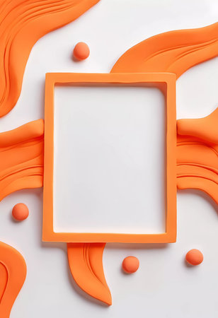 Rectangular frame with a smooth surface sits on a white background surrounded by dynamic orange shapes, inviting creative expression and artistic usage for various projects.の素材