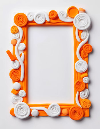 Decorative frame features a vibrant orange background with white swirls and circular designs, creating a playful and inviting space for custom artwork or text.の素材