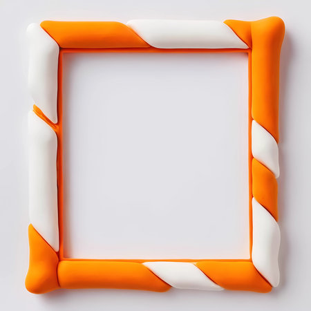 A bright rectangular frame designed with alternating orange and white colors. It offers ample empty space for displaying artwork, photographs, or other creations.の素材