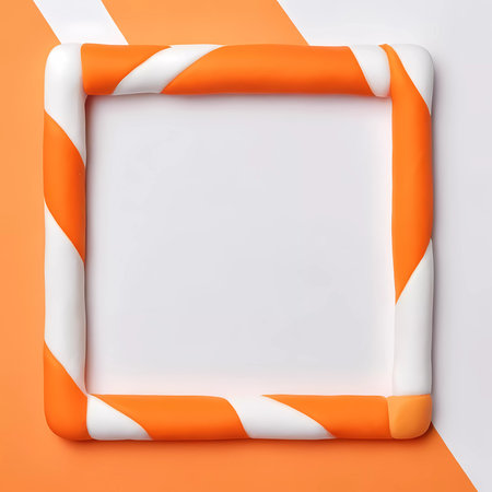 Bright orange background showcases a unique rectangular frame featuring a swirl design in orange and white, creating an inviting space for artistic work or decoration.の素材