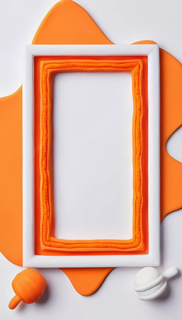 Colorful orange and white rectangular frame surrounded by vivid orange shapes provides a fresh, artistic backdrop for any creative work. Ideal for displaying artwork or photos.の素材