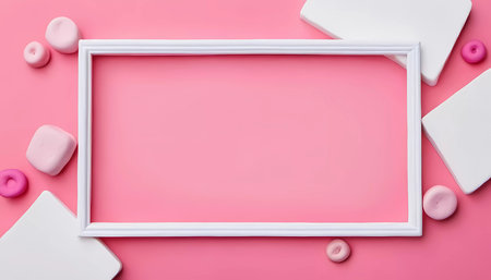 A white rectangular frame rests on a soft pink background, surrounded by play doh shapes in white and pink, creating a cheerful setting for crafting activities.の素材