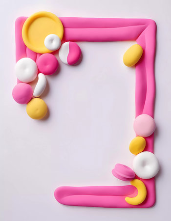 A vibrant rectangular frame made of play dough rests on a white and pink background, featuring colorful shapes in yellow, pink, and white, inviting creative use.の素材