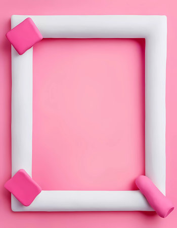 A rectangular frame crafted from white and pink play dough is displayed against a soft pink background. The center of the frame offers an empty space, inviting creativity.の素材