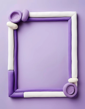 A rectangular frame crafted from colorful play doh sits against a smooth purple background. The frame features a creative combination of white and purple elements, adding texture.の素材
