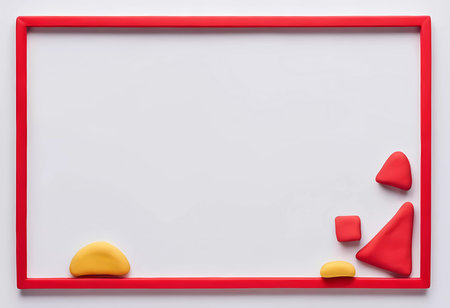 Bright red frame encloses an abstract arrangement of play doh shapes in bold colors. The composition invites creativity and imagination in a clean, empty space.の素材