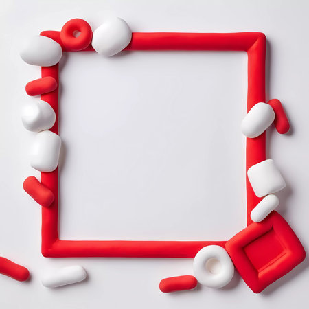 An empty abstract frame made of white and red play doh shapes sits against a plain background, offering a creative space for artistic expression and design projects.の素材