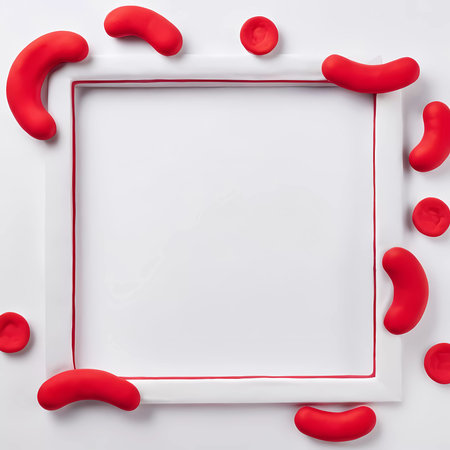 Bright white background features a playful red frame made of soft play doh, surrounded by playful red shapes, inviting creative expression and engagement.の素材