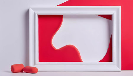 This abstract composition features a white frame against a vibrant red backdrop. Playful modeling material rests nearby, inviting creativity and imagination in a bright setting.の素材