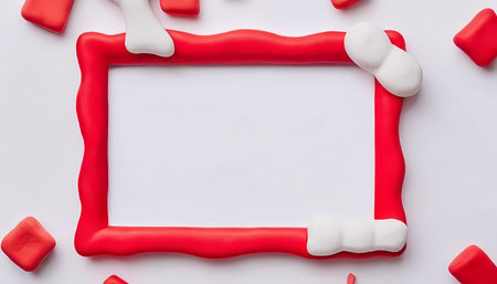 An abstract frame crafted from red and white play dough creates an empty space in the center, inviting artistic creativity. The playful arrangement enhances imaginative design.の素材