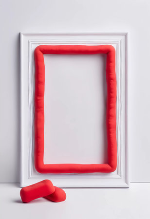 This abstract composition features a white frame outlined with red play doh, set against a pure white background, creating a vibrant contrast and inviting creativity.の素材