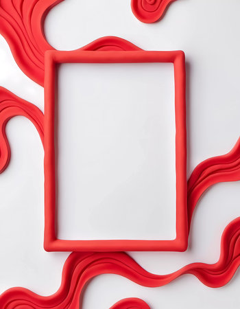 A vibrant abstract display features a red frame surrounded by flowing play doh against a white background, perfect for showcasing unique artwork or designs.の素材