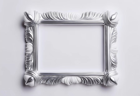 A rectangular frame with an elegant design features silver grey accents and intricate patterns against a plain, light background, ideal for displaying artwork or memories.の素材