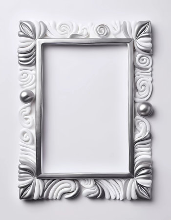 A rectangular frame designed with intricate white and silver patterns, ready for artwork or pictures, adding elegance to any decor in a contemporary space.の素材