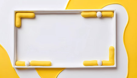A vibrant abstract composition showcases a rectangular frame bordered by white and yellow shapes, creating an empty space ideal for customizable text or designs.の素材
