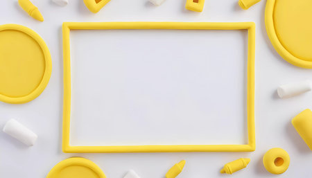 A vibrant yellow rectangular frame surrounds an empty white area, complemented by playful shapes in white and yellow. This design offers a fresh canvas for creativity.の素材
