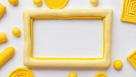 Vibrant yellow and white abstract background features a textured rectangular frame surrounded by various playful shapes. This design offers ample empty space for creative projects.の素材