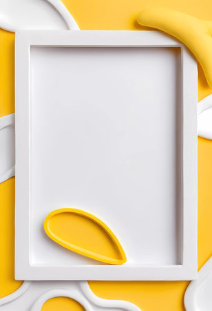 Bright yellow and white abstract background features an empty rectangular frame surrounded by dynamic shapes, inviting creativity and artistic expression for future designs.の素材