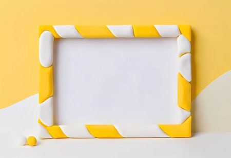 A rectangular frame made of white and yellow material rests against a plain yellow backdrop, creating an inviting empty space ideal for showcasing creativity or ideas.の素材