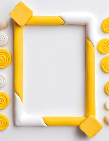 Bright abstract background features a rectangular frame made of white and yellow materials, surrounded by decorative yellow and white designs, creating an inviting atmosphere.の素材