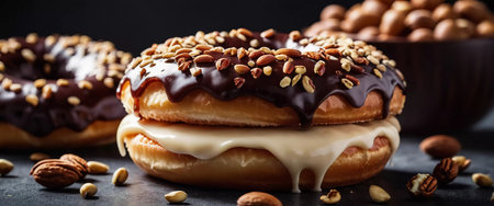 A tempting display of chocolate glazed donuts topped with a variety of nuts is showcased on a rustic wooden table. The warm lighting enhances the delicious details and textures of the treats. Generative AI.の素材