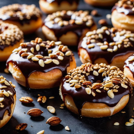 A tempting display of chocolate glazed donuts topped with a variety of nuts is showcased on a rustic wooden table. The warm lighting enhances the delicious details and textures of the treats. Generative AI.の素材