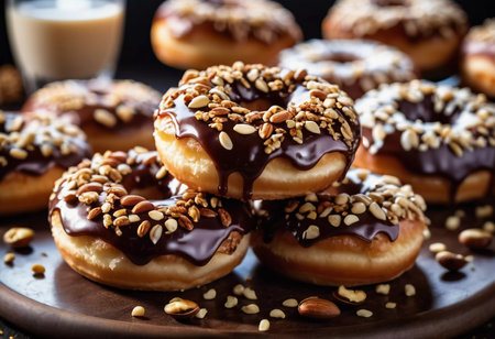 A tempting display of chocolate glazed donuts topped with a variety of nuts is showcased on a rustic wooden table. The warm lighting enhances the delicious details and textures of the treats. Generative AI.の素材