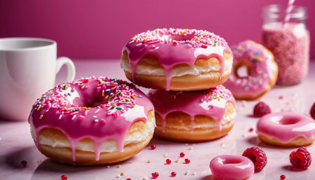 Delightful strawberry pink glazed donuts are displayed on a rustic wooden background. Sprinkles and candy embellishments add vibrant colors, creating a festive treat. Generative AI.の素材