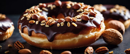 A tempting display of chocolate glazed donuts topped with a variety of nuts is showcased on a rustic wooden table. The warm lighting enhances the delicious details and textures of the treats. Generative AI.の素材