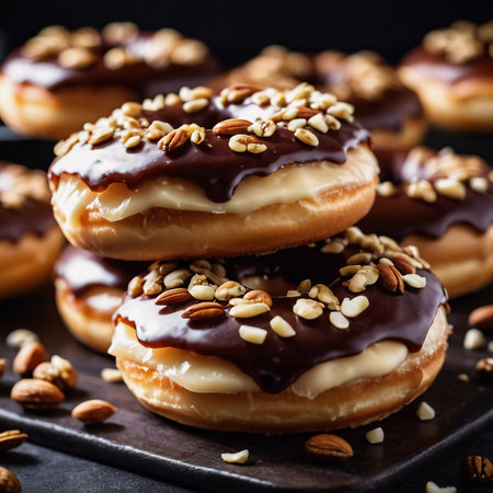 A tempting display of chocolate glazed donuts topped with a variety of nuts is showcased on a rustic wooden table. The warm lighting enhances the delicious details and textures of the treats. Generative AI.の素材