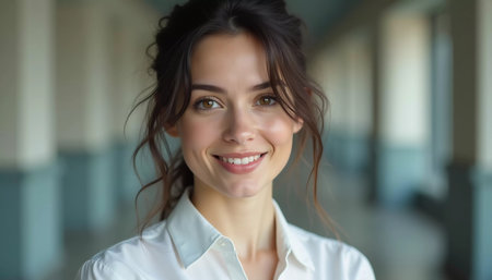 A poised beautiful woman with dark hair, wearing a white shirt, smiles warmly, standing in contemporary office setting filled with natural light, exuding confidence and professionalism. Generative AIの素材