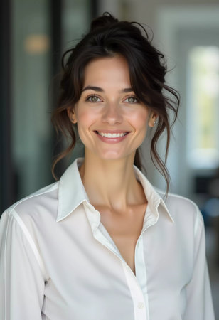 A poised beautiful woman with dark hair, wearing a white shirt, smiles warmly, standing in contemporary office setting filled with natural light, exuding confidence and professionalism. Generative AIの素材