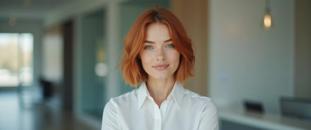A confident office woman with red hair smiles warmly while wearing a crisp white shirt. Bright, modern workspace can be seen in the background, indicating a professional environment. Generative AI.の素材