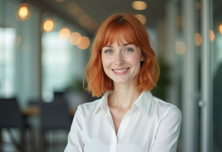 A confident office woman with red hair smiles warmly while wearing a crisp white shirt. Bright, modern workspace can be seen in the background, indicating a professional environment. Generative AI.の素材