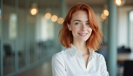 A confident office woman with red hair smiles warmly while wearing a crisp white shirt. Bright, modern workspace can be seen in the background, indicating a professional environment. Generative AI.の素材