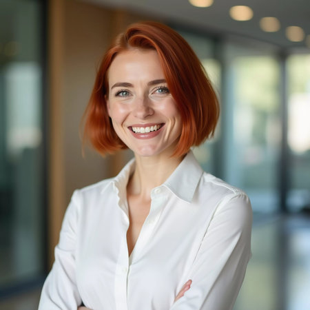 A confident office woman with red hair smiles warmly while wearing a crisp white shirt. Bright, modern workspace can be seen in the background, indicating a professional environment. Generative AI.の素材