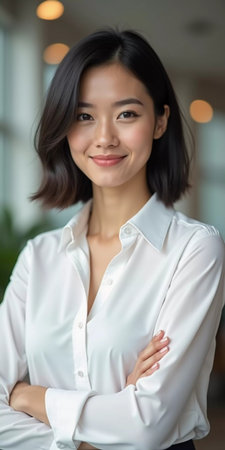 A young professional in a white shirt stands showcasing a warm smile in a contemporary office environment filled with soft, ambient light. Cute Asian brunette with bob haircut. Generative AI.の素材