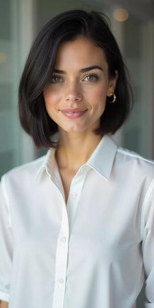 A young professional in a white shirt stands showcasing a warm smile in a contemporary office environment filled with soft, ambient light. Cute brunette with beautiful bob haircut. Generative AI.の素材