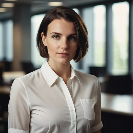 A brunette young beautiful woman wearing white shirt, in an office setting. Serious expression on her face. A bank employee with a bob hairstyle listens to you. Willingness to cooperate. GenerativeAI.の素材